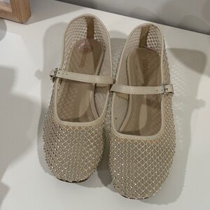 Elegant Beige Rhinestone Mary Jane Flats